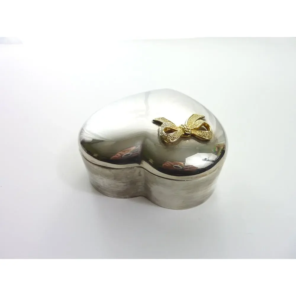 Valentine Steel silver Trinket Jewelry candy Heart Shaped Box with Metal Bow